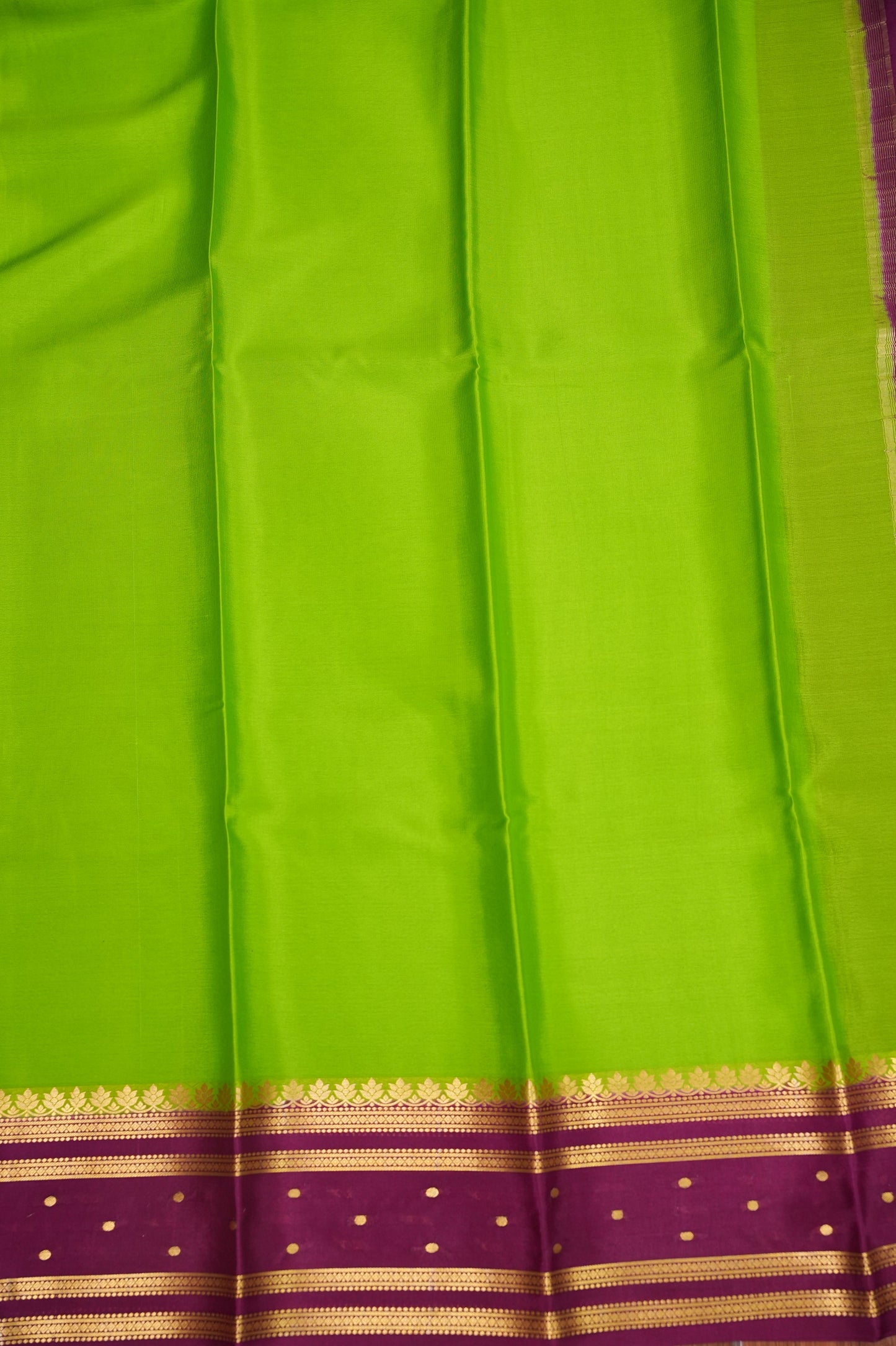 Pure Crepe Mysore Silk Saree - Bright Parrot Green & Wine Border