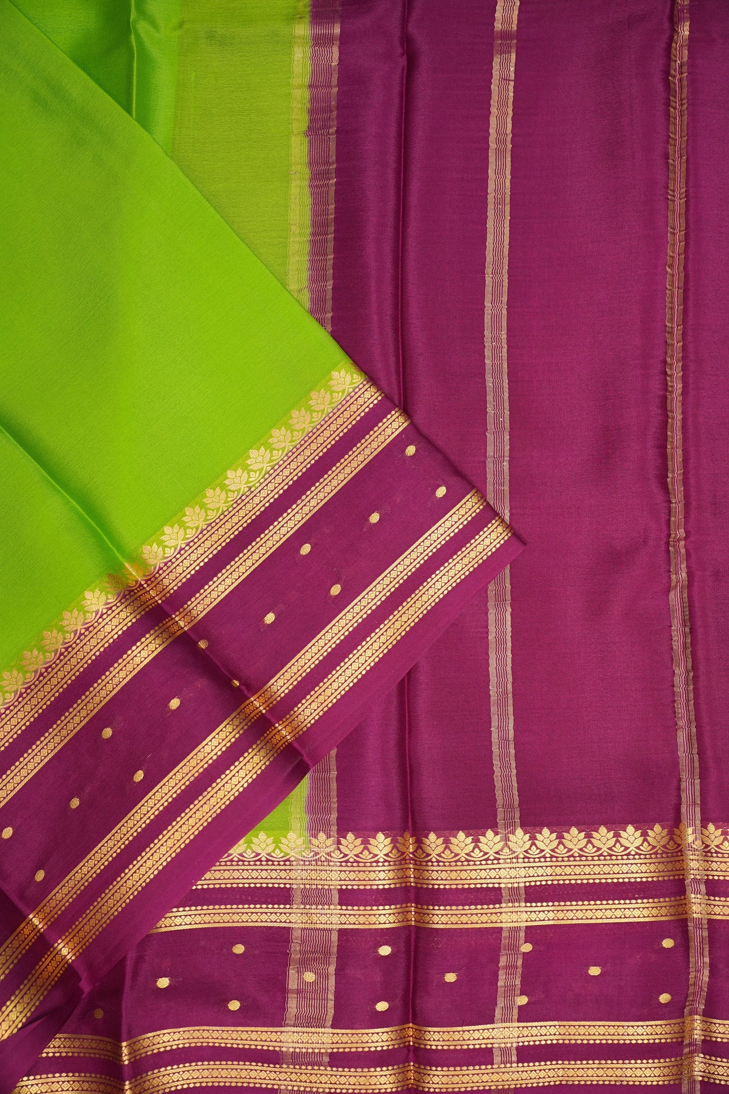 Pure Crepe Mysore Silk Saree - Bright Parrot Green & Wine Border