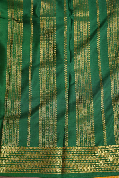 Plain Pure Crepe Mysore Silk Saree in Mustard Yellow With Contrast Bottle Green Blouse & Pallu