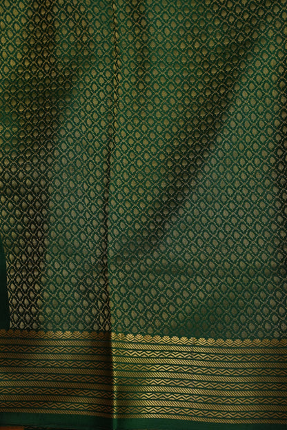 Plain Pure Crepe Mysore Silk Saree in Mustard Yellow With Contrast Bottle Green Blouse & Pallu