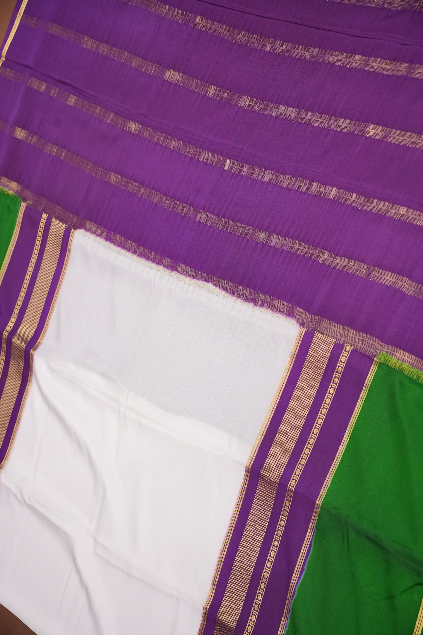 Pure Crepe Mysore Silk Saree - White With Green & Purple TriColor Combination