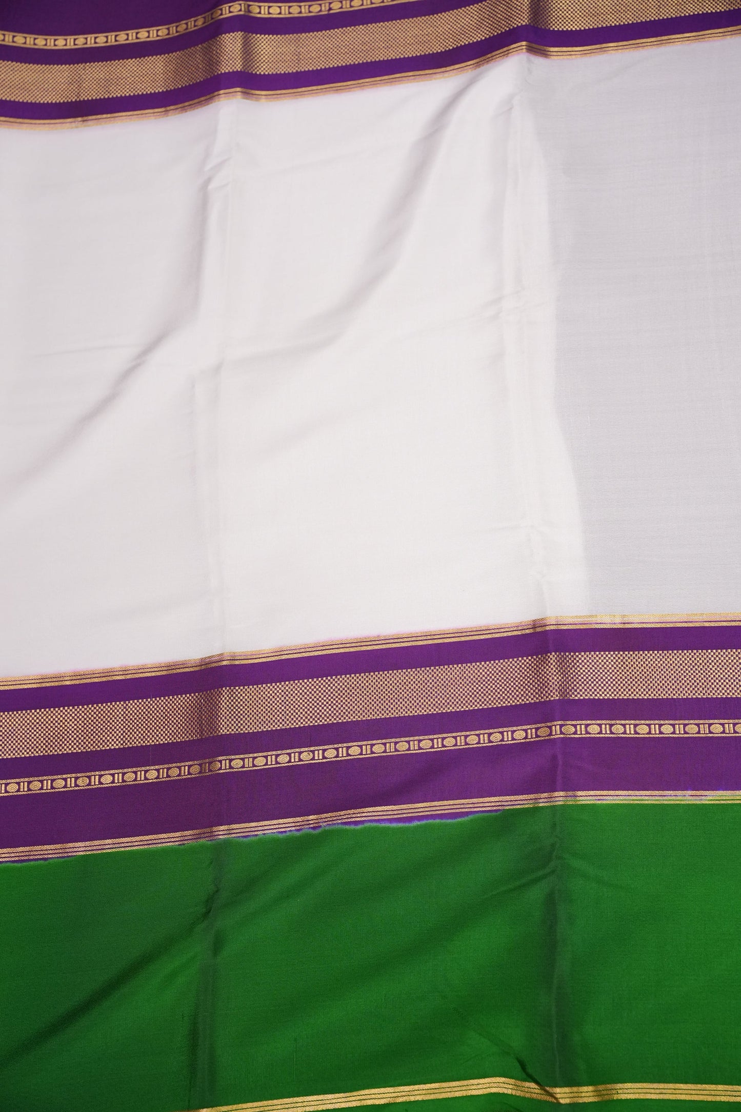 Pure Crepe Mysore Silk Saree - White With Green & Purple TriColor Combination