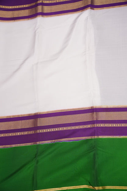 Pure Crepe Mysore Silk Saree - White With Green & Purple TriColor Combination