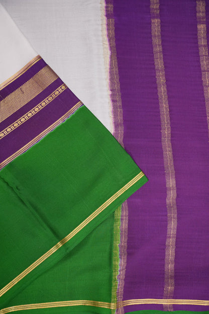 Pure Crepe Mysore Silk Saree - White With Green & Purple TriColor Combination