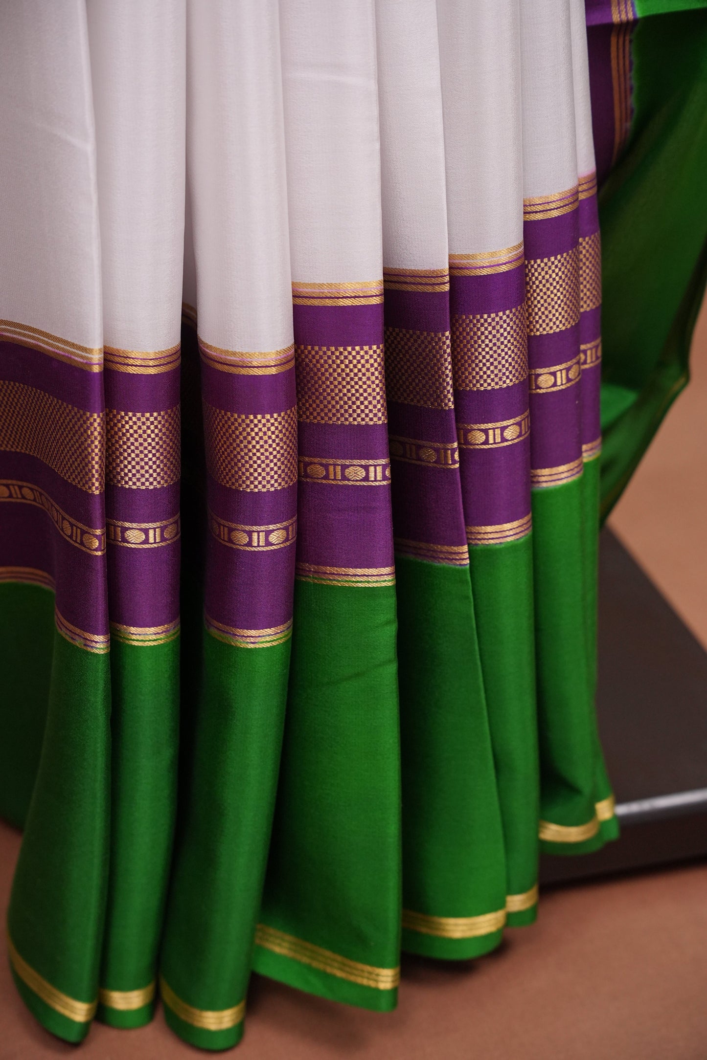 Pure Crepe Mysore Silk Saree - White With Green & Purple TriColor Combination