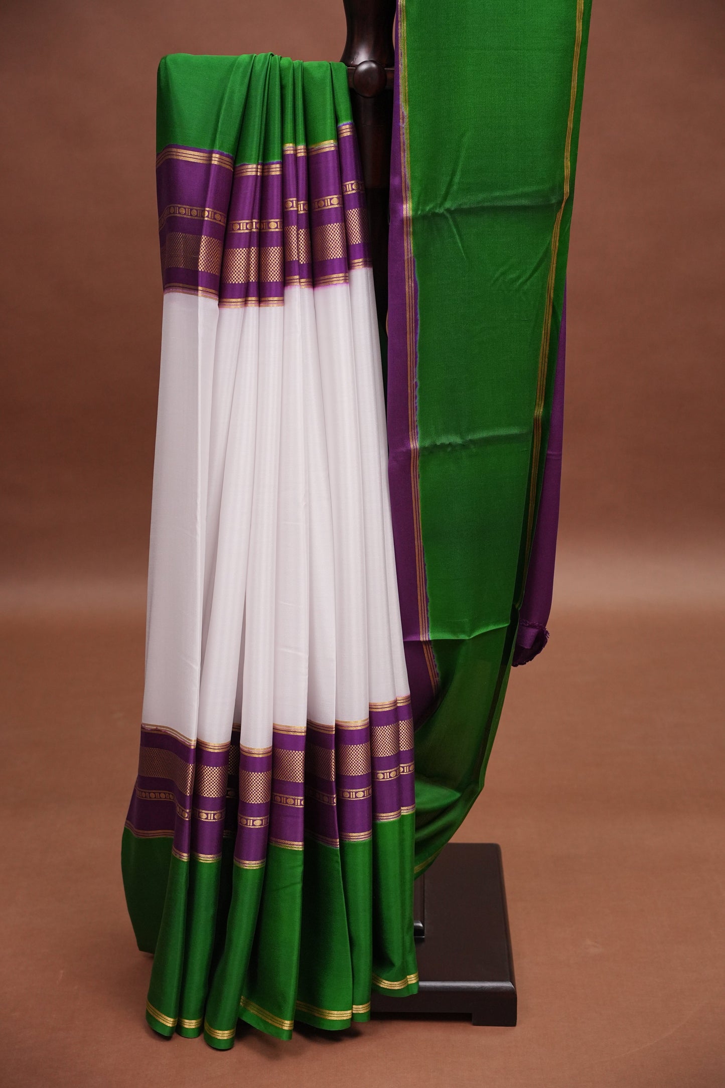 Pure Crepe Mysore Silk Saree - White With Green & Purple TriColor Combination