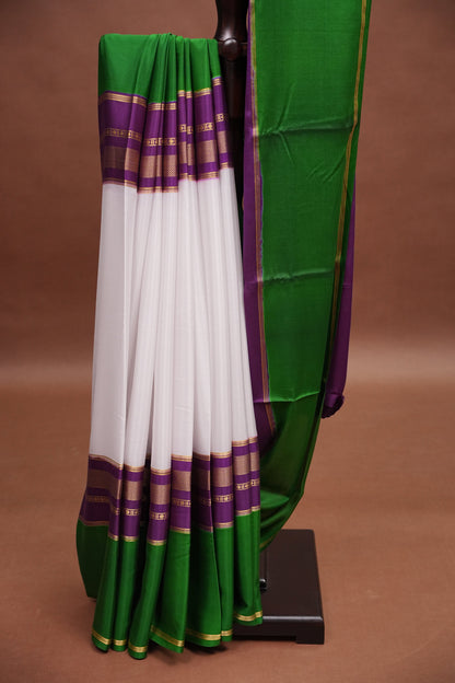 Pure Crepe Mysore Silk Saree - White With Green & Purple TriColor Combination
