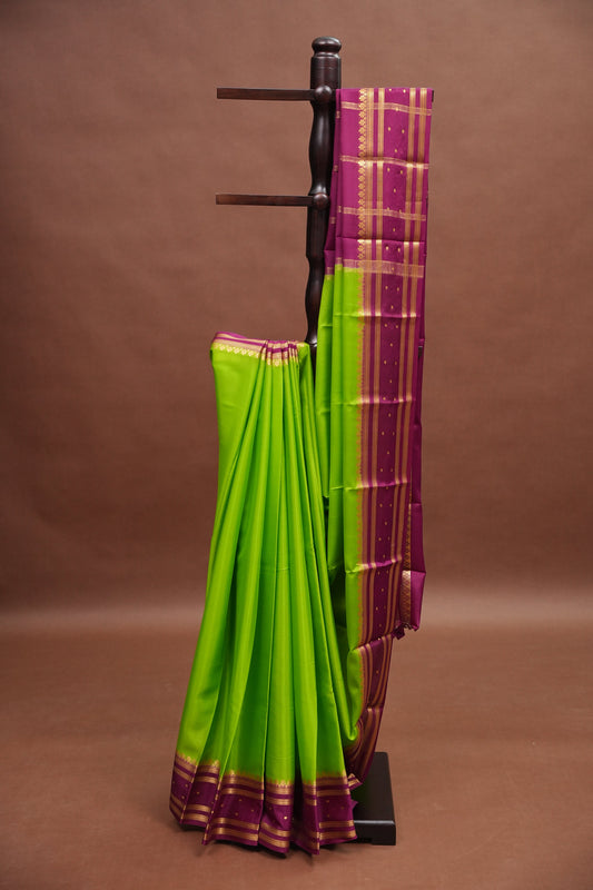 Pure Crepe Mysore Silk Saree - Bright Parrot Green & Wine Border