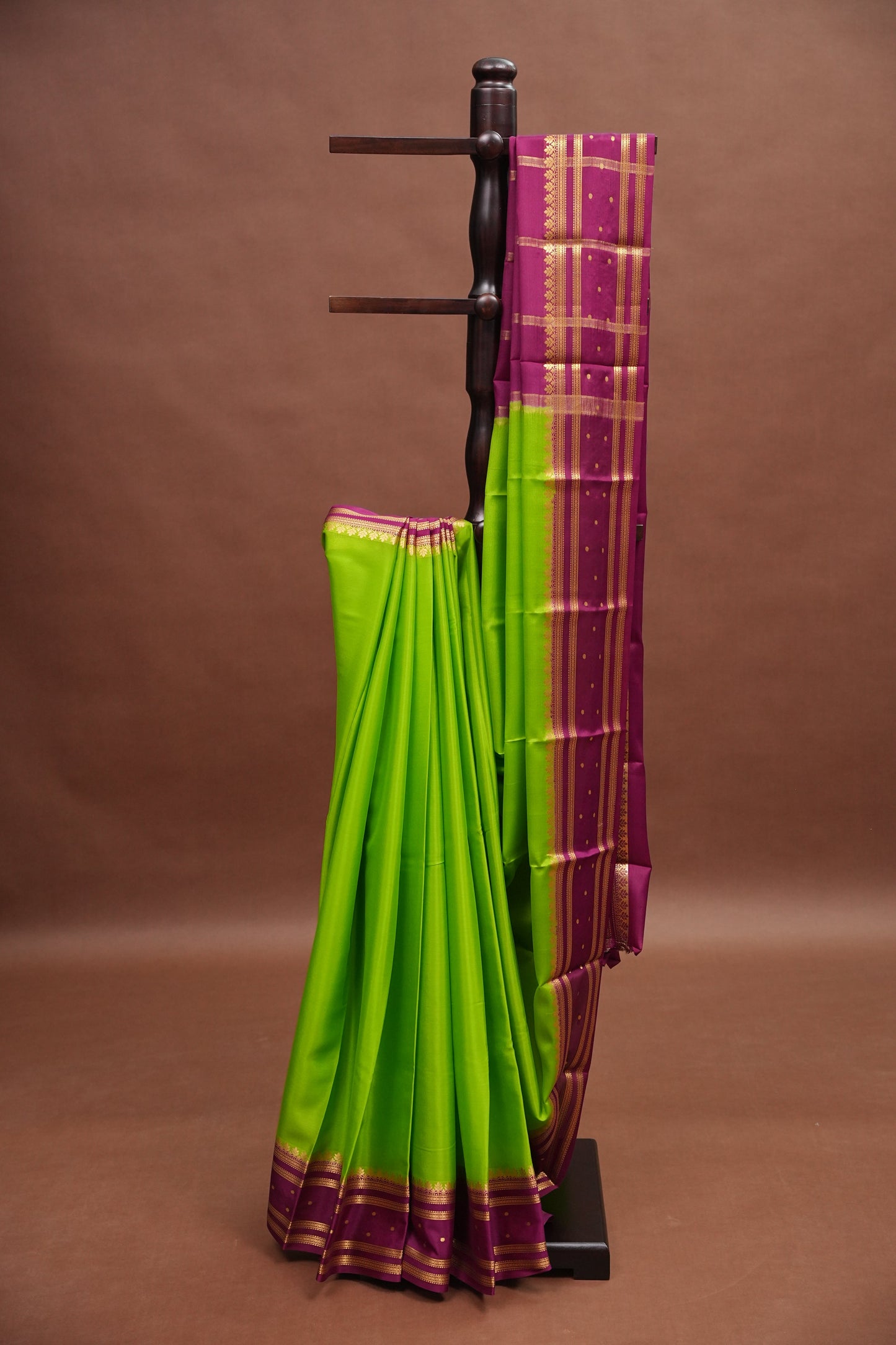 Pure Crepe Mysore Silk Saree - Bright Parrot Green & Wine Border