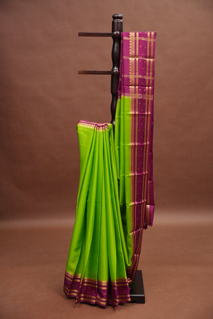 Pure Crepe Mysore Silk Saree - Bright Parrot Green & Wine Border