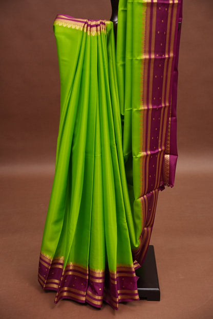 Pure Crepe Mysore Silk Saree - Bright Parrot Green & Wine Border