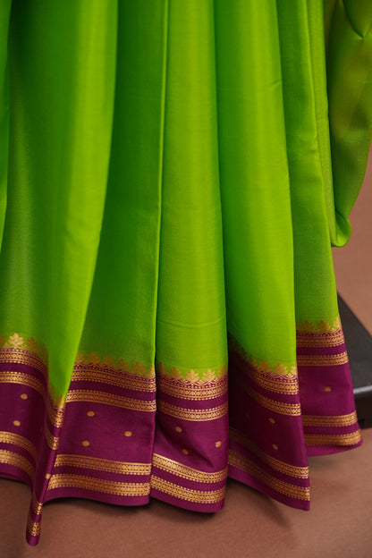 Pure Crepe Mysore Silk Saree - Bright Parrot Green & Wine Border