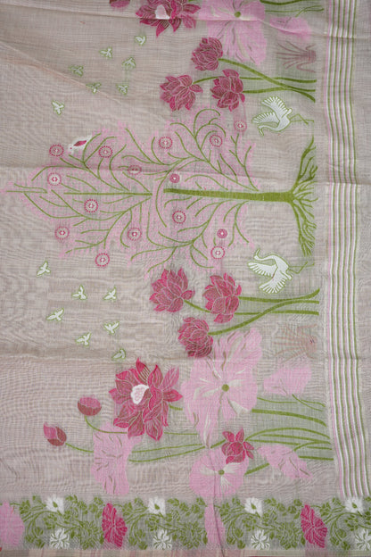 Pure Khaddi Cotton Saree with Floral & Peacock Woven Pallu – Ivory & Pink