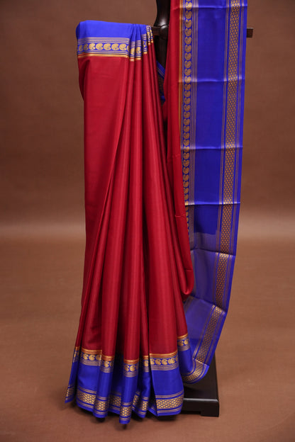 Pure Crepe Mysore Silk Saree - Deep Red & Blue