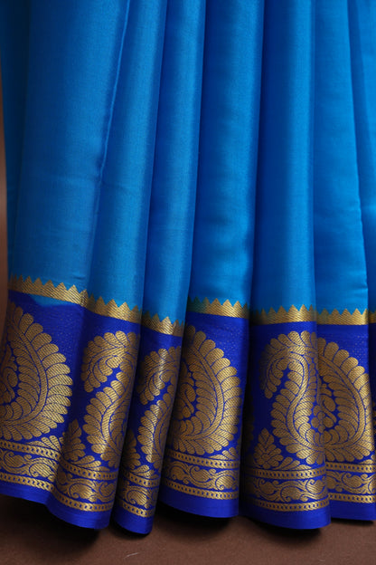 Plain Pure Crepe Mysore Silk Saree in Blue With Contrast Ink Blue Blouse & Pallu