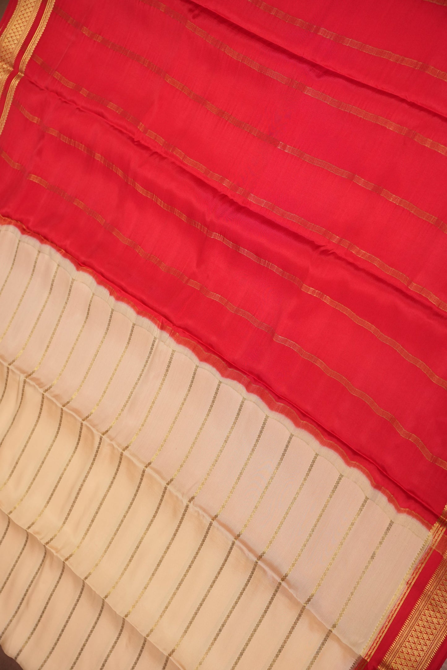 Striped Pure Crepe Mysore Silk Saree in Ivory With Contrast Deep Red Pallu & Blouse