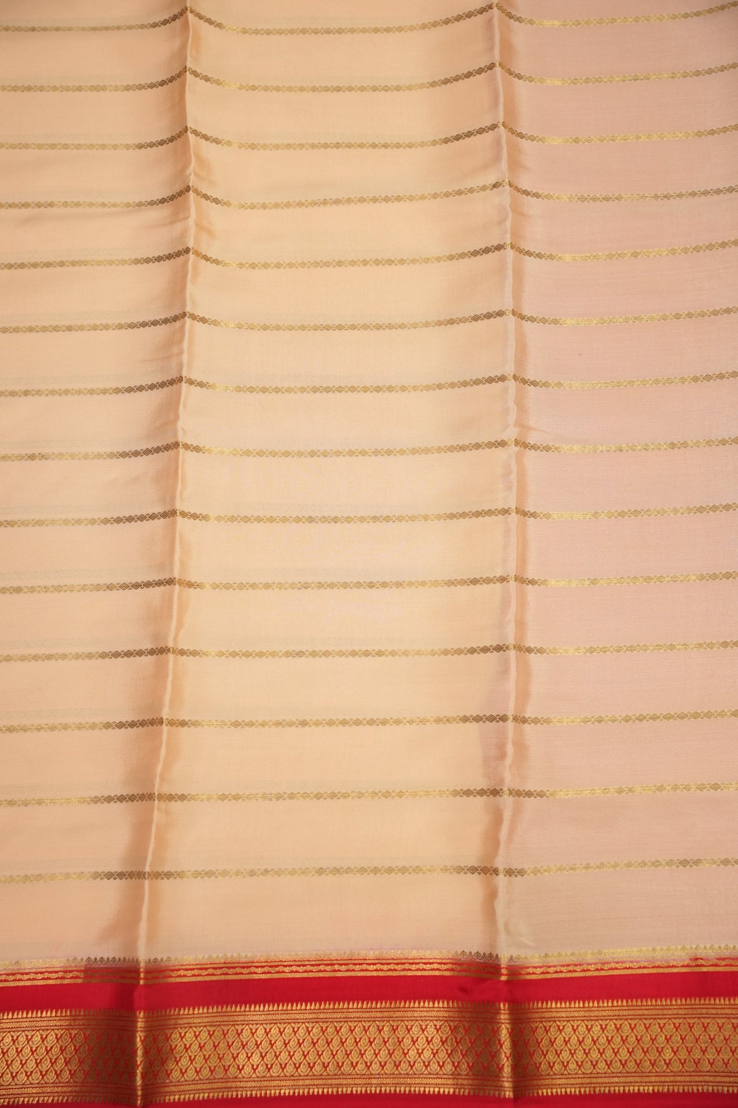 Striped Pure Crepe Mysore Silk Saree in Ivory With Contrast Deep Red Pallu & Blouse