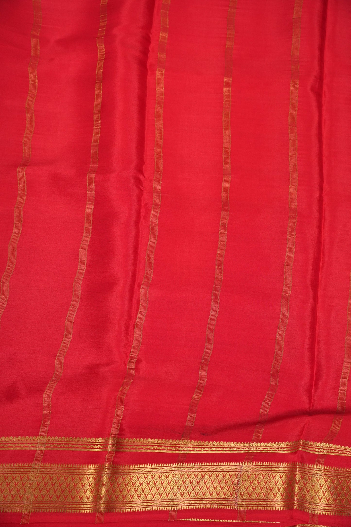 Striped Pure Crepe Mysore Silk Saree in Ivory With Contrast Deep Red Pallu & Blouse