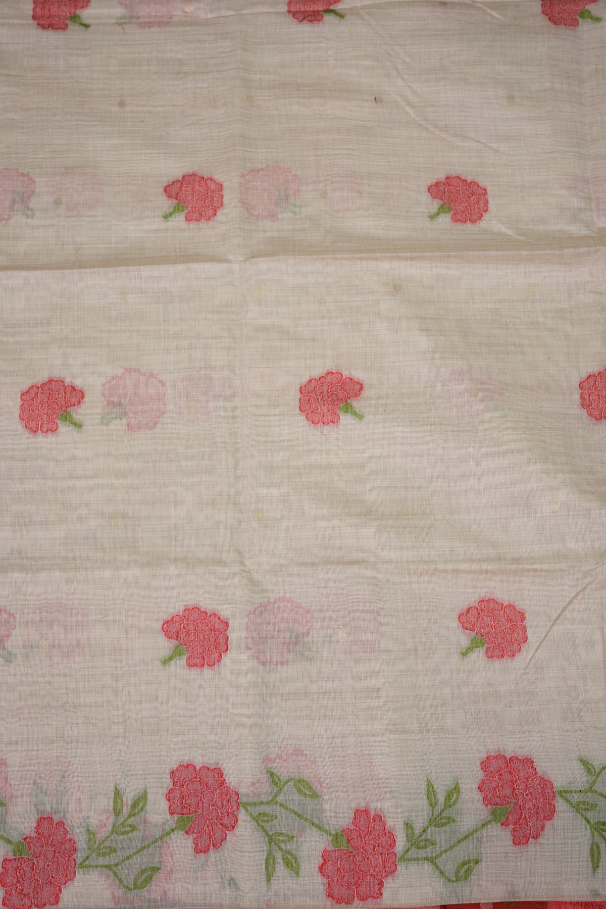 Pure Khaddi Cotton Saree with Floral Woven Pallu – Ivory & Coral Red
