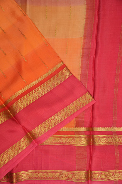 Multicolor Pure Crepe Mysore Silk Saree - Orange With Coral Pink Retta Pet Border