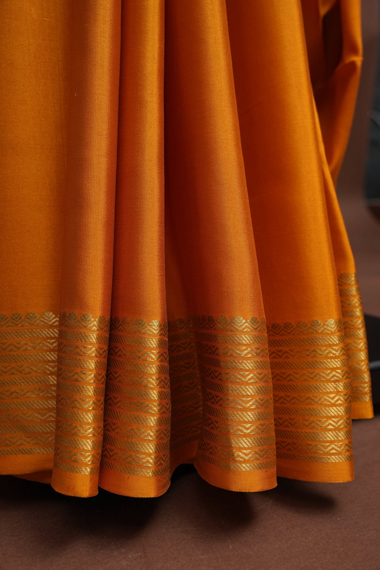 Plain Pure Crepe Mysore Silk Saree in Mustard Yellow With Contrast Bottle Green Blouse & Pallu
