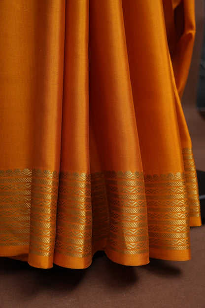 Plain Pure Crepe Mysore Silk Saree in Mustard Yellow With Contrast Bottle Green Blouse & Pallu