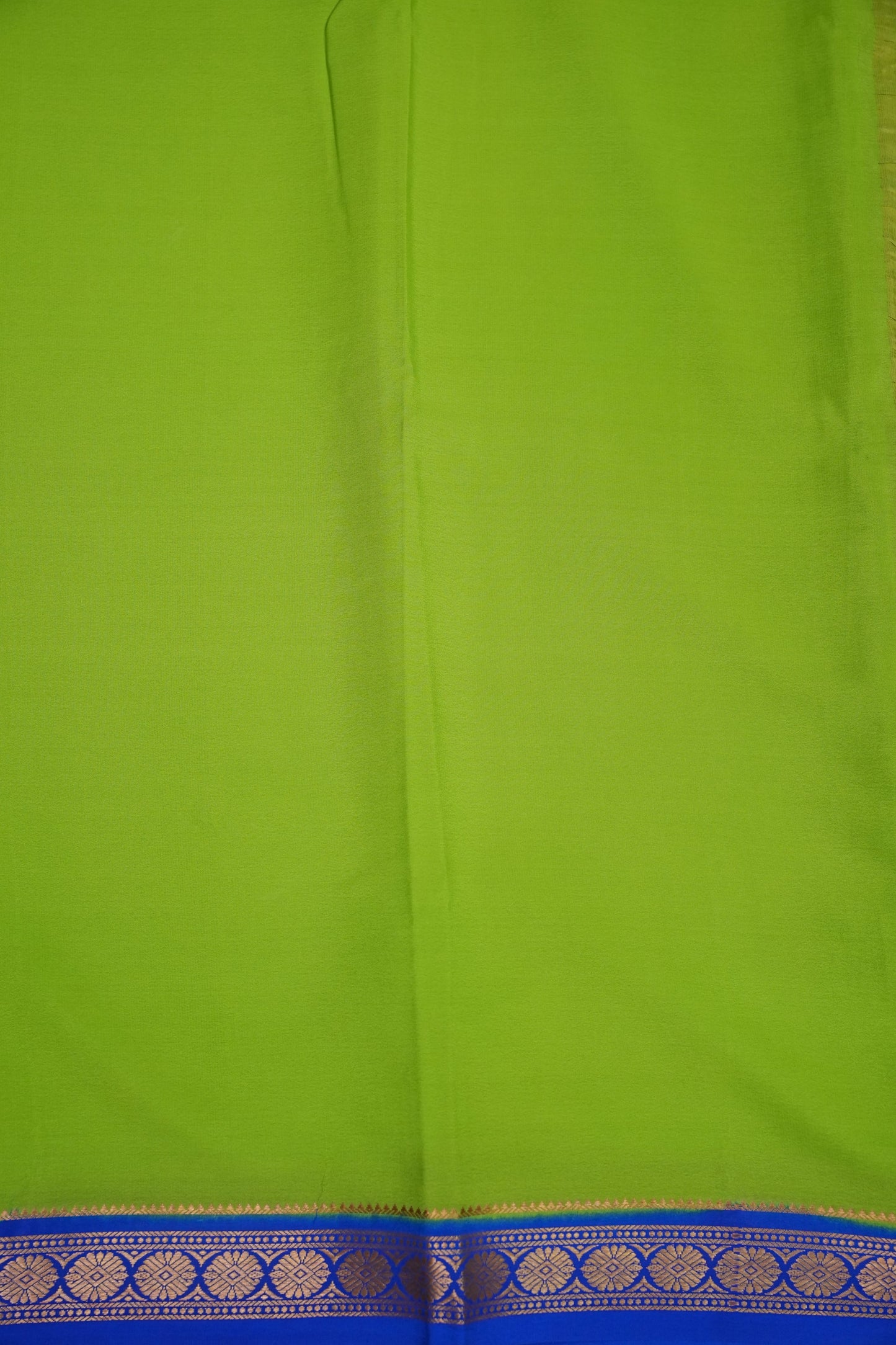 Plain Pure Crepe Mysore Silk Saree in Parrot Green With Contrast Ink Blue Pallu & Blouse