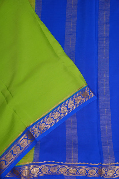 Plain Pure Crepe Mysore Silk Saree in Parrot Green With Contrast Ink Blue Pallu & Blouse