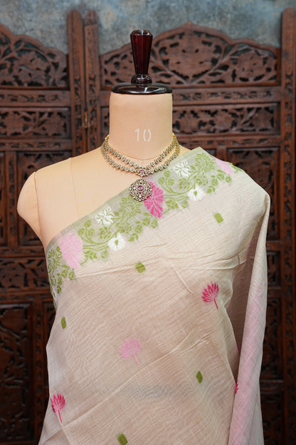 Pure Khaddi Cotton Saree with Floral & Peacock Woven Pallu – Ivory & Pink