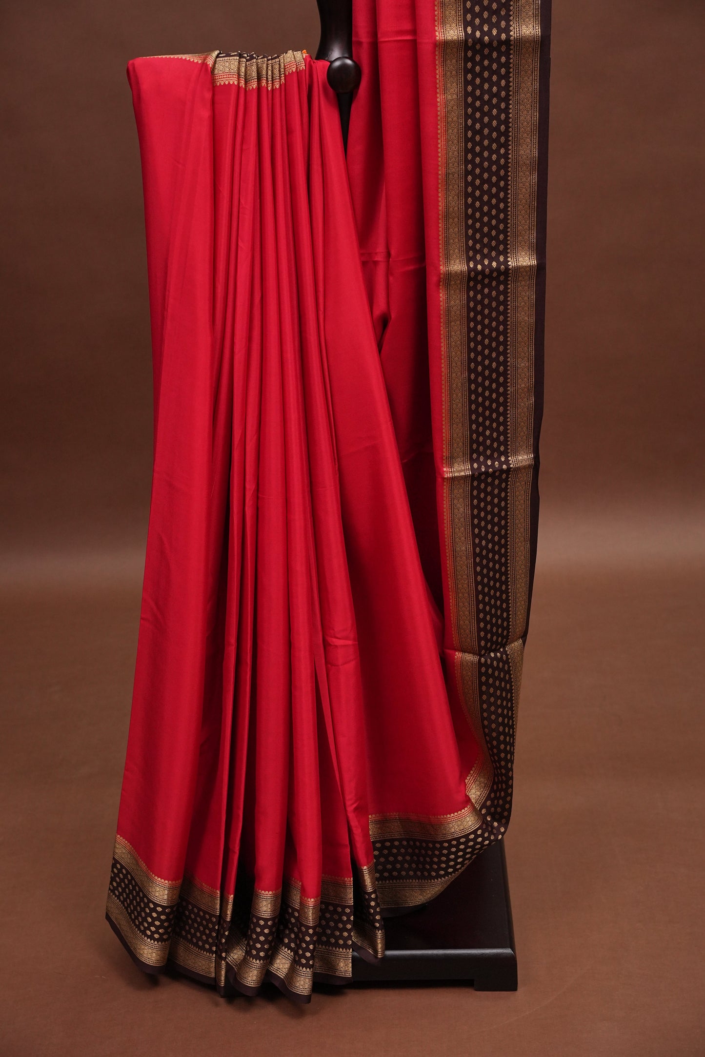 Pure Crepe Mysore Silk Saree - Maroon & Coffee Border