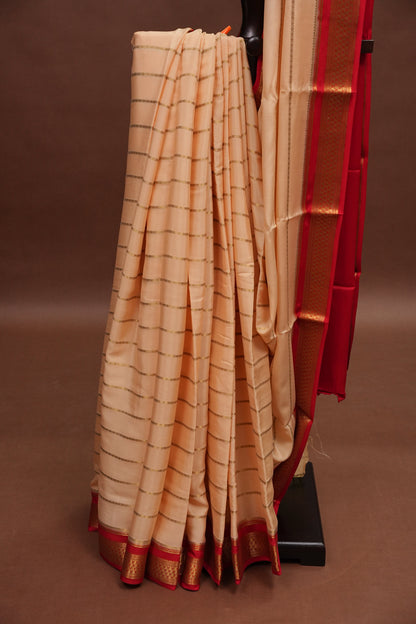 Striped Pure Crepe Mysore Silk Saree in Ivory With Contrast Deep Red Pallu & Blouse