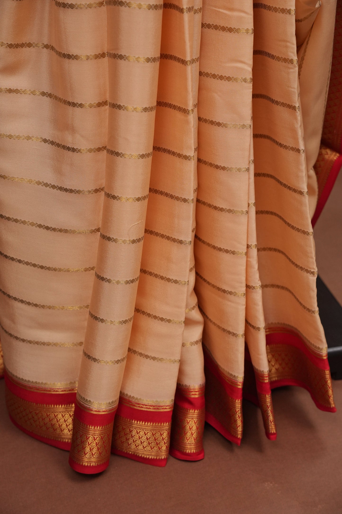 Striped Pure Crepe Mysore Silk Saree in Ivory With Contrast Deep Red Pallu & Blouse