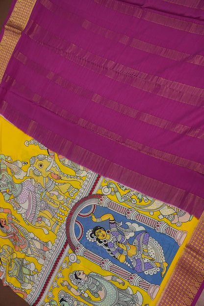 Kalamkari Printed Pure Crepe Mysore Silk Saree - Yellow & Pink Contrast