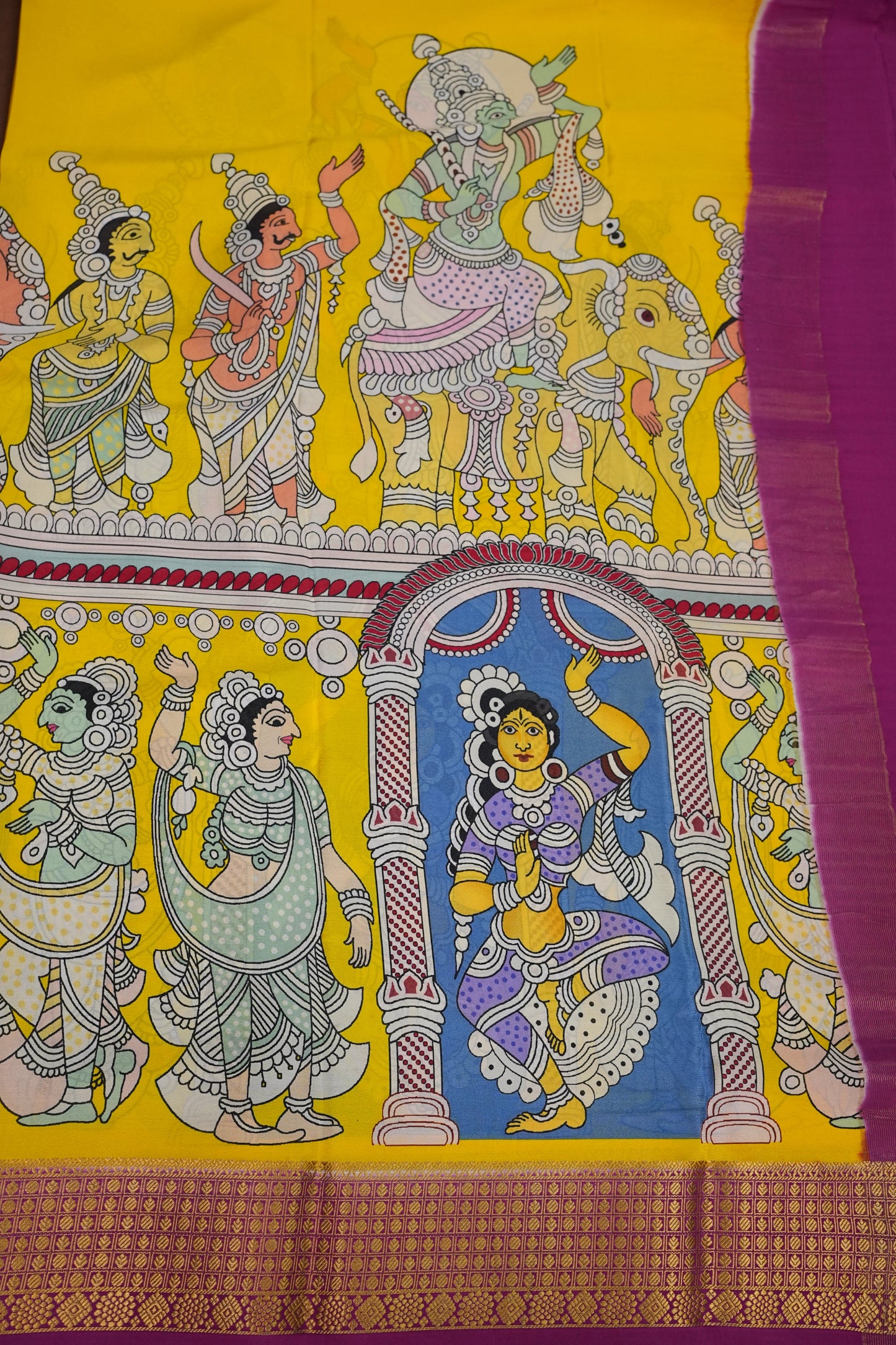 Kalamkari Printed Pure Crepe Mysore Silk Saree - Yellow & Pink Contrast