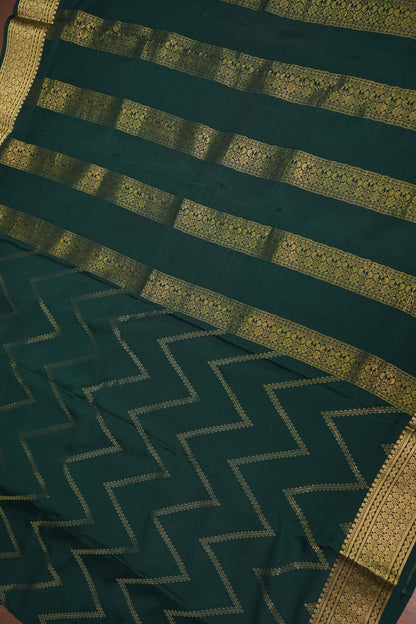 Pure Crepe Mysore Silk Saree - Bottle Green With Gold Zaro Border