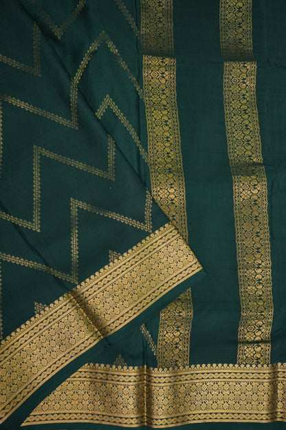 Pure Crepe Mysore Silk Saree - Bottle Green With Gold Zaro Border