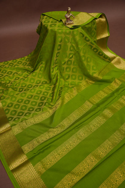 Pure Crepe Mysore Silk Saree - Olive Green with Gold Zari Border