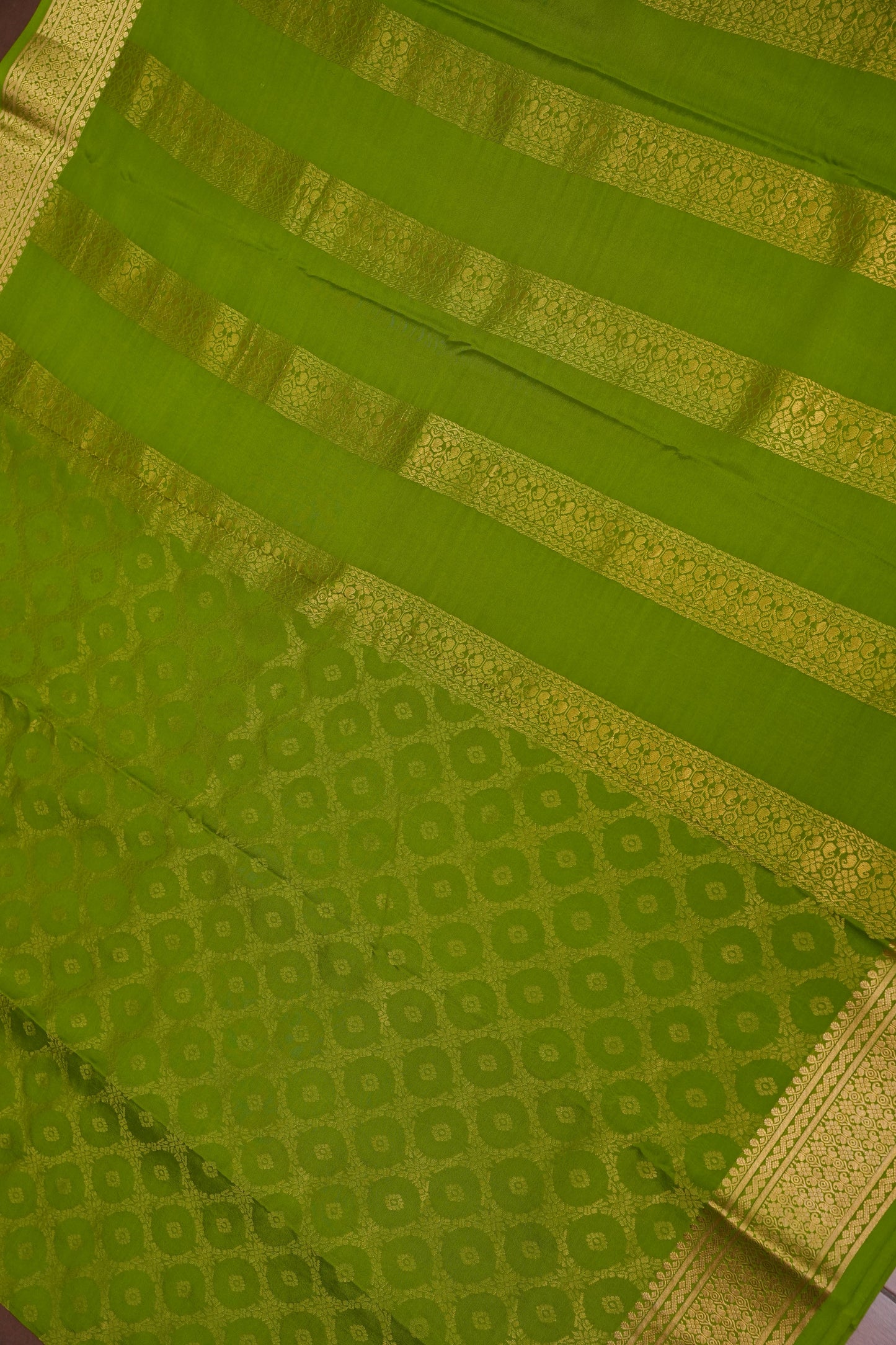 Pure Crepe Mysore Silk Saree - Olive Green with Gold Zari Border