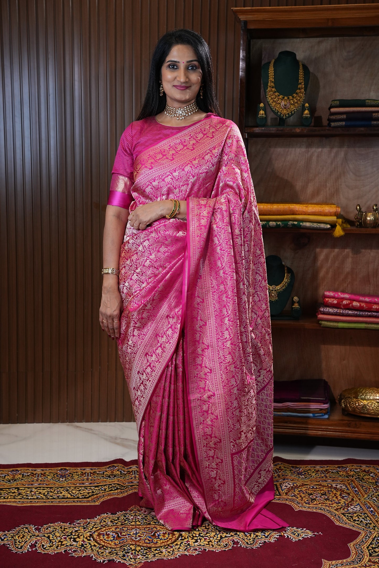 Pure Handloom Silk Katan Banaras Saree - Hot Pink|Silk Mark Certified