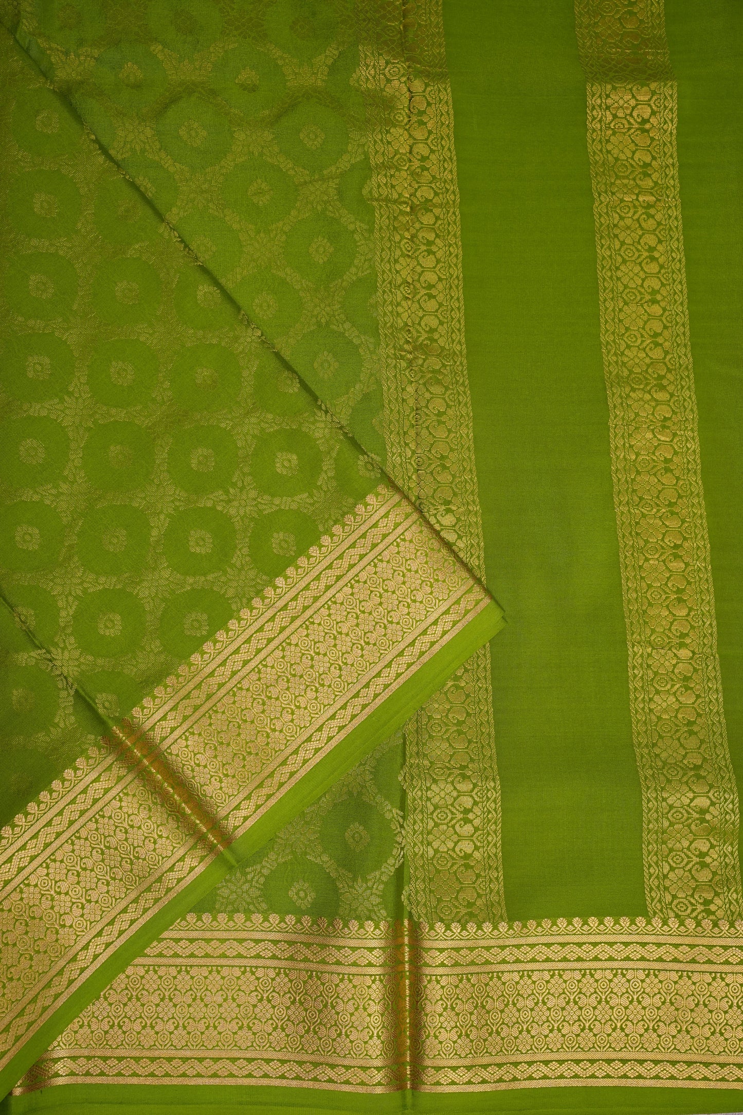 Pure Crepe Mysore Silk Saree - Olive Green with Gold Zari Border
