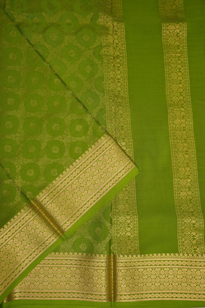 Pure Crepe Mysore Silk Saree - Olive Green with Gold Zari Border