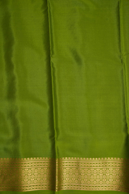Pure Crepe Mysore Silk Saree - Olive Green with Gold Zari Border