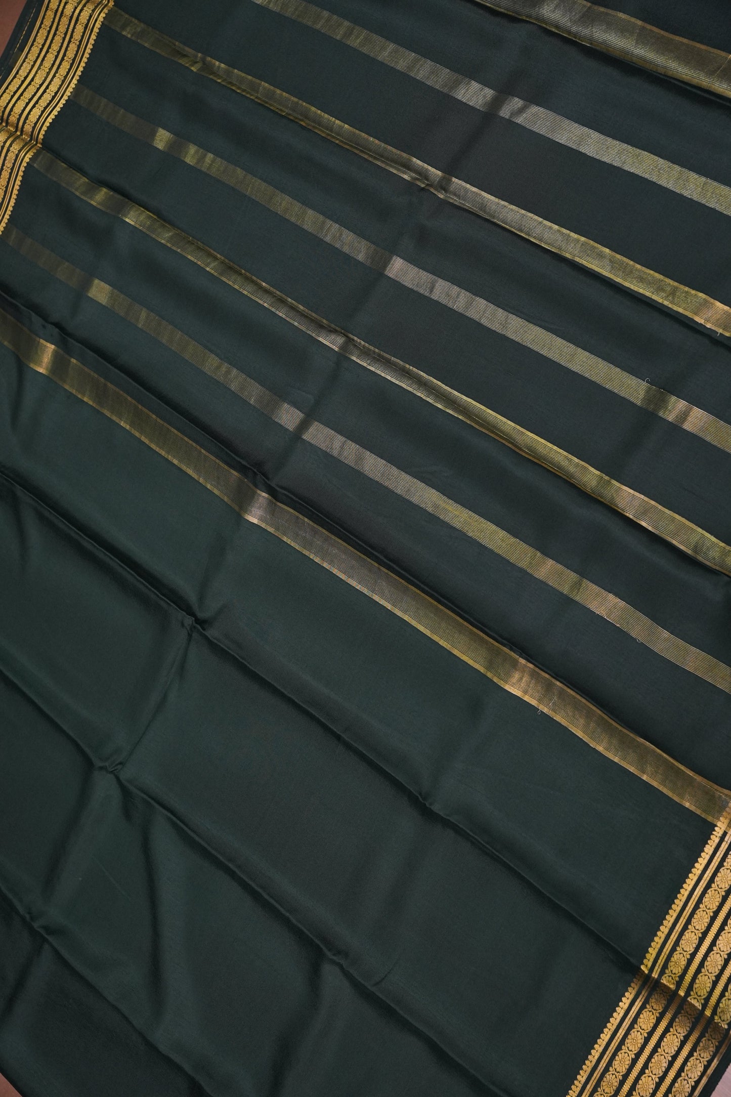 Pure Crepe Mysore Silk Saree - Deep Bottle Green With Gold Zari Border
