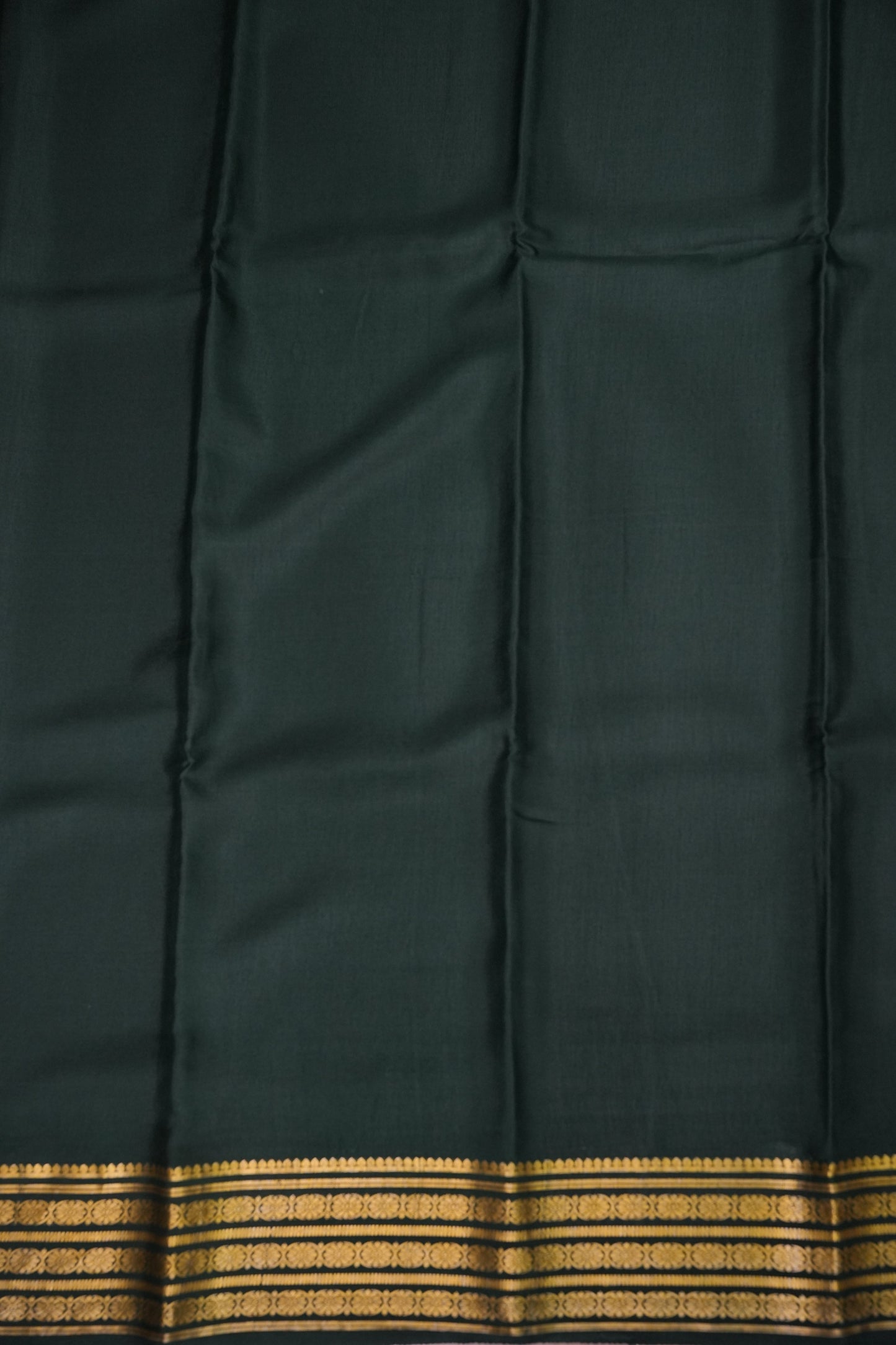 Pure Crepe Mysore Silk Saree - Deep Bottle Green With Gold Zari Border