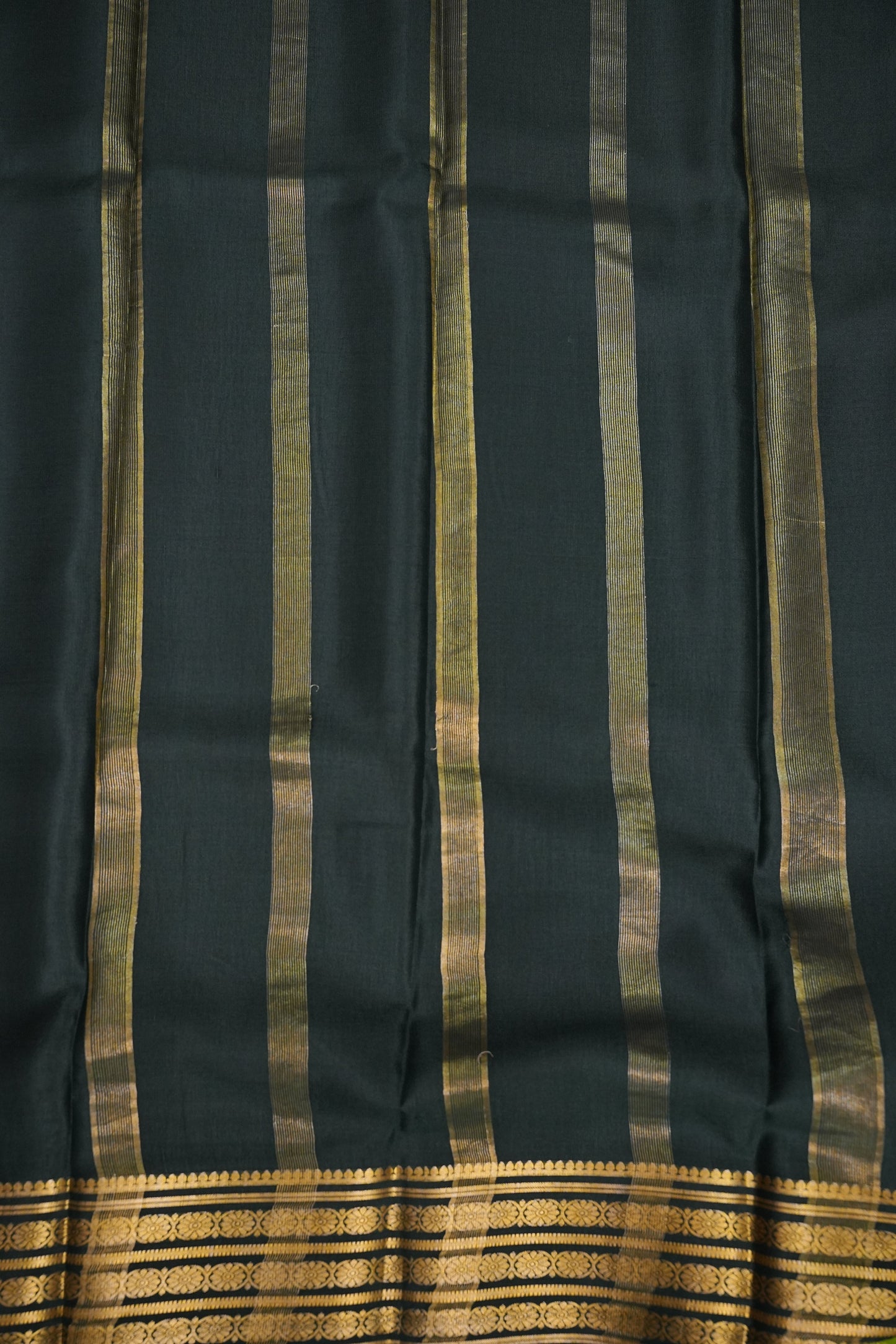 Pure Crepe Mysore Silk Saree - Deep Bottle Green With Gold Zari Border