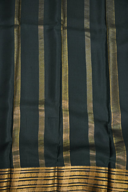 Pure Crepe Mysore Silk Saree - Deep Bottle Green With Gold Zari Border