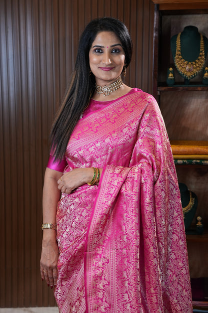 Pure Handloom Silk Katan Banaras Saree - Hot Pink|Silk Mark Certified