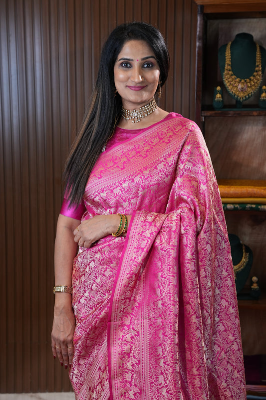 Pure Handloom Silk Katan Banaras Saree - Hot Pink|Silk Mark Certified