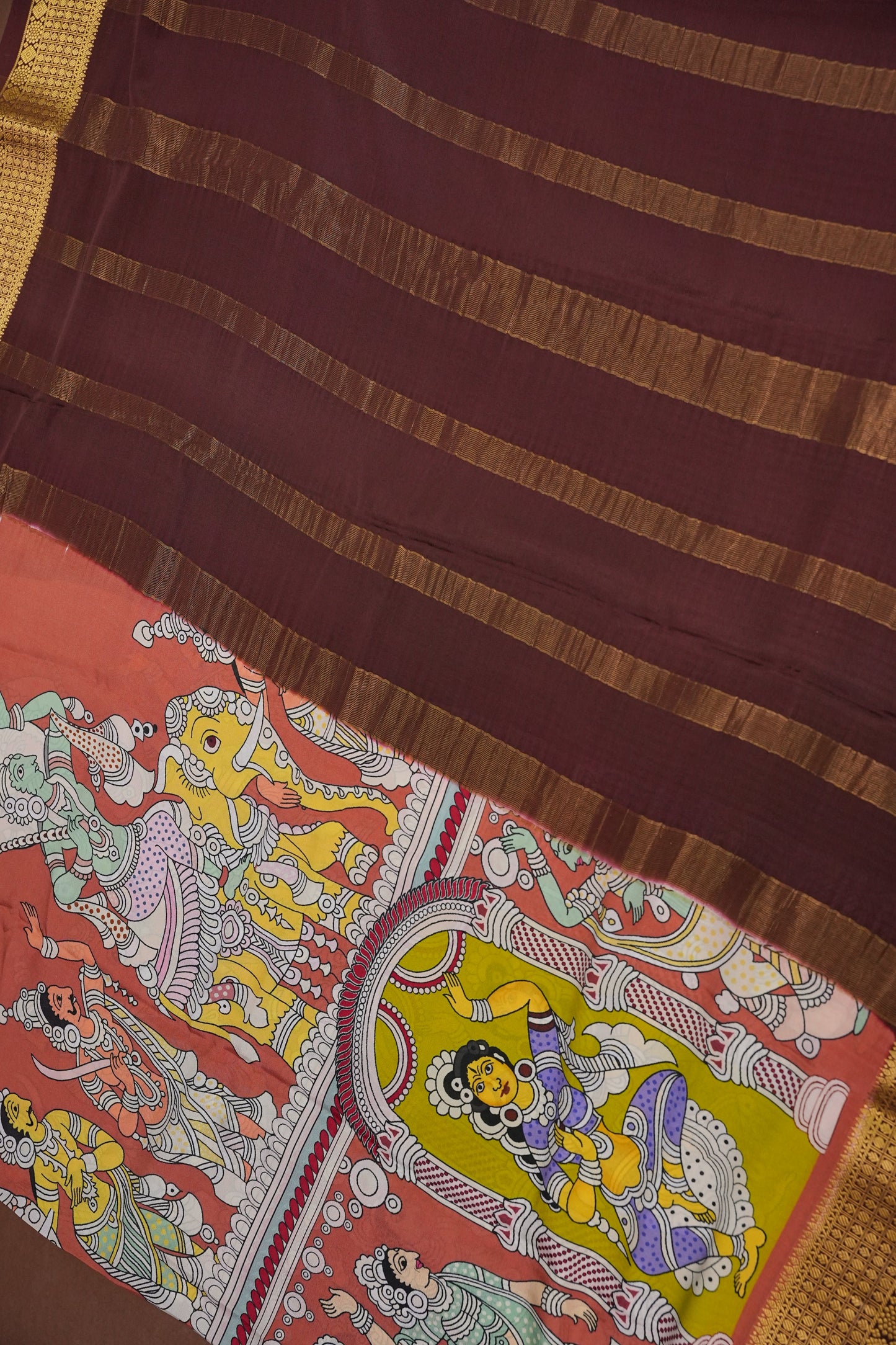 Kalamkari Printed Pure Crepe Mysore Silk Saree - Dark Peach & Chocolate Brown