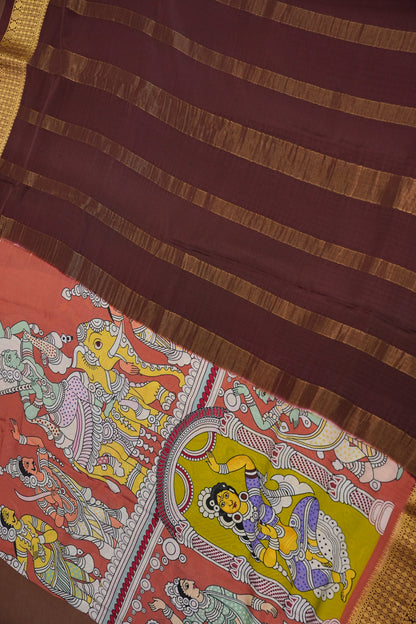 Kalamkari Printed Pure Crepe Mysore Silk Saree - Dark Peach & Chocolate Brown